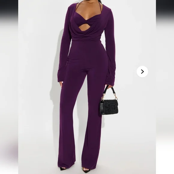 Fashion Nova Purple Draped Cutout Long-Sleeve Jumpsuit - Picture 1 of 6